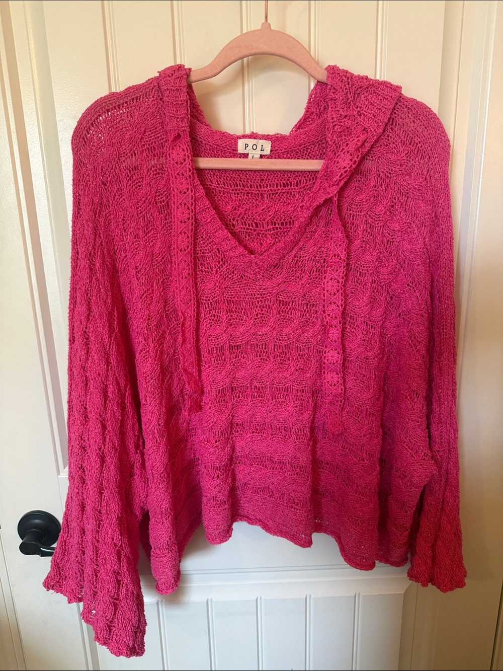 POL Hot Pink V-Neck Hooded Knit Sweater